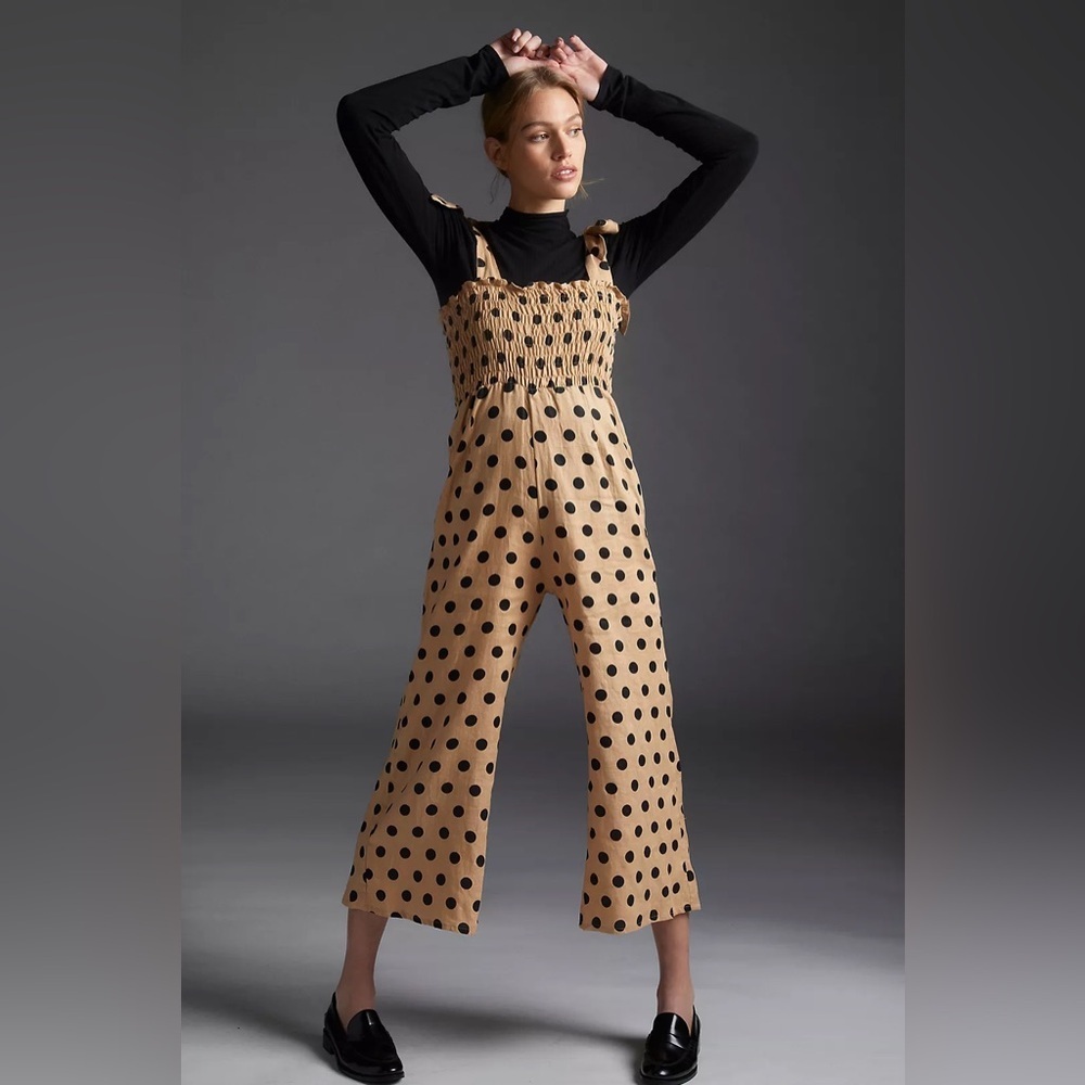 Faithful the Brand x Anthropolgie Emelda Smocked Jumpsuit in Tan/Black Polka Dot